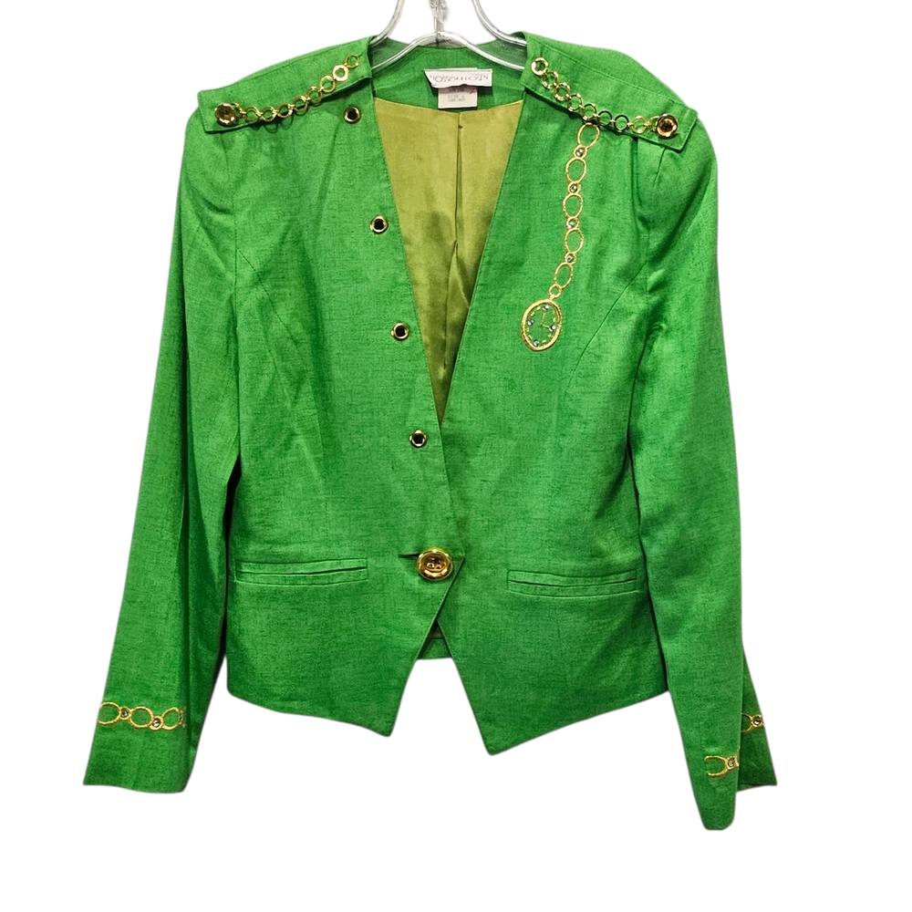 Blossom Rosen Green, Gold Chain-Embellished Blazer With Embroidered Clock Sz 6